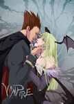  aqua_eyes bat_wings brown_hair capcom couple darkstalkers demitri_maximoff demon_girl eye_contact green_hair hug incipient_kiss lips long_hair looking_at_another morrigan_aensland red_eyes succubus vampire vampire_(game) wings 