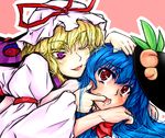  blonde_hair blue_hair bonnet finger_in_mouth food fruit hat hinanawi_tenshi long_hair misogi_(misogi1341) multiple_girls one_eye_closed peach purple_eyes teasing touhou yakumo_yukari 