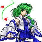  armpits blue_hakama detached_sleeves frog green_eyes green_hair hair_ornament hairband hakama japanese_clothes kochiya_sanae misogi_(misogi1341) side_ponytail snake solo touhou 