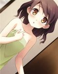  :o bare_shoulders blush brown_hair collarbone dutch_angle green_towel highres hirosaki_kanade kantoku long_hair looking_at_viewer naked_towel solo towel yellow_eyes your_diary 