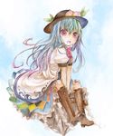  boots cross-laced_footwear dress food fruit gradient_hair hat hinanawi_tenshi lace-up_boots leaf long_hair multicolored_hair open_mouth peach red_eyes rock sitting solo string touhou traditional_media umebayashi_saki watercolor_(medium) 