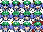  1girl ^_^ anger_vein bad_id bad_pixiv_id banned_artist blue_eyes blue_hair blush bow closed_eyes expressions hair_bow hat heavy_breathing kawashiro_nitori kisaragi_zwei nichori o_o open_mouth screwdriver smile sweatdrop tears touhou two_side_up wrench 