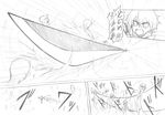  battle cape comic greyscale huge_weapon kurakumo_nue magic_circle magical_girl mahou_shoujo_madoka_magica miki_sayaka monochrome musical_note short_hair spoilers sword translated weapon wraith_(madoka_magica) 