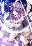  bad_id bad_pixiv_id blush book bow crescent dress flying_paper hat kurume_shou lights long_hair long_sleeves magic_circle paper patchouli_knowledge purple_eyes purple_hair smile solo striped striped_dress touhou white_dress 
