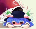  =_= blue_hair blush food fruit hakurei_reimu hat highres hinanawi_tenshi masochism multiple_girls on_floor peach stepped_on touhou trembling yume_shokunin 