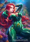  1girl abs adjusting_hair aquaman_(series) arms_up artist_name blue_eyes blurry blush breasts cleavage collarbone commentary coral covered_navel dc_comics depth_of_field emblem erect_nipples fish flowing_hair highres long_hair looking_at_viewer medium_breasts mera_(dc) nudtawut_thongmai parted_lips reclining red_hair scales shiny shiny_clothes smile solo superhero toned underwater very_long_hair 
