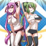  2girls abstract_background bangs beatmania beatmania_iidx blush bodypaint breasts celica celica_(beatmania_iidx) covering_breasts cowboy_shot erika erika_(beatmania_iidx) false_clothes female green_hair kitami_erika large_breasts looking_at_viewer mizushiro_celica multiple_girls nude painted_clothes pink_hair pubic_hair standing twintails ui_(fuugetsuin) very_long_hair 