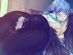  1boy 1girl ass blue_hair blush breasts bubuzuke buttjob censored cg cum cum_on_ass cum_on_body cum_on_lower_body eyes_closed game_cg grinding harpy indoors mamono_musume-tachi_to_no_rakuen_~kumo_to_tori_to_hitotsume_to~ monster_girl panties penis penis_in_panties pov_ass precum pussy thigh_sex thighs underwear vanadis wings 