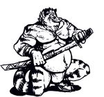  black_and_white feline fundoshi grin jewelry katana kneeling male mammal monochrome muscles navel necklace nipples overweight plain_background sketch solo suck_mcjones sword tiger underwear weapon white_background 