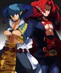  alexander_(phantom_kingdom) angry black_eyes blue_hair crossed_arms long_hair male_focus multiple_boys muscle oniku_(mndayo) pants phantom_kingdom pointy_ears red_hair white_eyes zetta_(phantom_kingdom) 