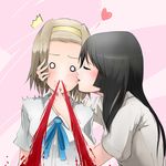  2girls akiyama_mio black_hair blood blush brown_hair cheek_kiss closed_eyes dokyuu_afro epic_nosebleed hairband heart k-on! kiss long_hair multiple_girls nosebleed o_o open_mouth profile ribbon school_uniform short_hair tainaka_ritsu yuri 