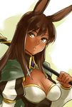  animal_ears breasts brown_hair bunny_ears cape cleavage dark_skin face gus_(clarkii) karindi_(pixiv_fantasia) long_hair medium_breasts over_shoulder pixiv_fantasia pixiv_fantasia_5 polearm solo upper_body weapon weapon_over_shoulder yellow_eyes 