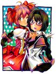  :o ahoge akemi_homura arm_grab black_hair blush braid colored_pencil_(medium) eyelashes glasses gloves graphite_(medium) hair_ribbon highres hug kaname_madoka long_hair magical_girl mahou_shoujo_madoka_magica mixed_media multiple_girls nobita o3o one_eye_closed open_mouth pink_hair purple_eyes ribbon short_hair star traditional_media twin_braids twintails white_gloves yellow_eyes 