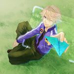  bad_id bad_pixiv_id blonde_hair boots grass ivan_karelin jacket letterman_jacket male_focus one_eye_closed paper_airplane purple_eyes purple_jacket solo tiger_&amp;_bunny twilightend 