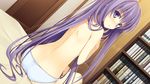  ass back bed bedroom blue_panties blush book bookshelf dutch_angle from_behind fujimori_yuu game_cg indoors koikishi_purely_kiss light_smile long_hair looking_at_viewer looking_back no_pants on_bed panties purple_eyes purple_hair sitting smile solo topless underwear very_long_hair wet yuuki_hagure 