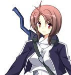  between_breasts breasts brown_hair cropped_jacket jewelry kyoukaisenjou_no_horizon mellow necklace oriotorai_makiko pendant red_eyes shirt short_hair solo strap_cleavage sword taut_clothes taut_shirt upper_body weapon 