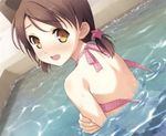  bikini blush brown_hair embarrassed hair_ornament hirosaki_kanade kantoku looking_at_viewer looking_back open_mouth partially_submerged polka_dot polka_dot_bikini polka_dot_swimsuit pool short_twintails solo star swimsuit twintails wardrobe_malfunction water your_diary 