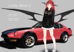  1girl alternate_costume black_hoodie black_wings car demon_wings full_body grey_background ground_vehicle head_wings koakuma miniskirt motor_vehicle nagata_nagato pigeon-toed red_eyes red_hair shoes simple_background skirt solo standing touhou white_skirt wings 