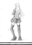  bunny_tail formal from_behind full_body greyscale highres imizu_(nitro_unknown) long_hair miniskirt monochrome pleated_skirt pointy_ears reisen_udongein_inaba skirt solo suit tail thighhighs touhou traditional_media zettai_ryouiki 