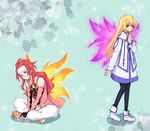  1girl bad_id bad_pixiv_id black_legwear blonde_hair blue_eyes coat collet_brunel crossed_legs full_body headband long_hair pants pantyhose pink_wings red_hair sen_(senchaaa) shoes sitting smile tales_of_(series) tales_of_symphonia wings yellow_wings zelos_wilder 