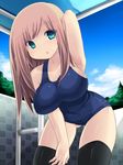  :o arm_up armpits bad_id bad_pixiv_id black_legwear blonde_hair blue_eyes blush breasts cloud day hand_behind_head impossible_clothes impossible_swimsuit large_breasts leaning_forward long_hair looking_at_viewer one-piece_swimsuit original school_swimsuit sky solo swimsuit thighhighs thighs tsukumiya_amane 