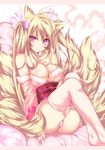  animal_ears bad_id bad_pixiv_id banned_artist bare_shoulders blonde_hair blush breasts fang fingernails fox_ears fox_tail hair_ornament heart highres japanese_clothes large_breasts legs letterboxed long_hair looking_at_viewer multiple_tails nail_polish obi original panties pink_eyes pink_legwear pink_panties sash shugami sitting solo tail thighhighs underwear 