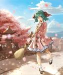  animal_ears bamboo_broom broom cherry_blossoms cloud day dress green_eyes green_hair kasodani_kyouko open_mouth paatasu petals pink_dress shoes short_hair socks solo stone_lantern touhou 