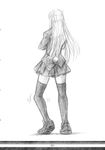  bunny_tail formal from_behind full_body greyscale highres imizu_(nitro_unknown) long_hair miniskirt monochrome pleated_skirt pointy_ears reisen_udongein_inaba skirt solo suit tail thighhighs touhou traditional_media zettai_ryouiki 