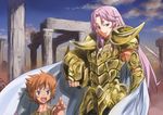  aries_muu armor blue_eyes cape isedaichi_ken kiki_(saint_seiya) lavender_hair long_hair multiple_boys open_mouth orange_hair purple_eyes ruins saint_seiya short_hair 