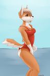  blonde_hair blue_sky breasts brown_eyes brown_hair butt canine cleavage clothed clothing cute female fox fur hair hair_over_eye mammal markings nicroze one-piece_swimsuit orange_fur rubber shiny short_hair side_view socks_(marking) solo standing swimsuit tail_clothing 