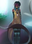  apple_(copyright) arms_behind_back big_tail brown_nose female flat_chested hair headphones ipod legwear looking_at_viewer mammal mikhaila mp3_player mustelid nude otter pinup pose purple_hair short_hair solo standing star stockings stripes tail topless tsampikos 