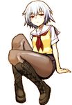  akanagi bad_id bad_pixiv_id ben-tou black_skirt boots cross-laced_footwear knee_boots lace-up_boots miniskirt pantyhose pleated_skirt red_eyes school_uniform short_hair silver_hair sitting skirt solo thighs yarizui_sen 