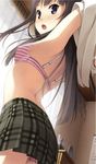  :o armpits arms_up ass ayase_sayuki back bare_shoulders bedroom black_hair black_skirt blue_eyes blush bra breasts covered_nipples curtains face from_below highres indoors kantoku lingerie long_hair looking_at_viewer miniskirt open_mouth panties pantyshot pantyshot_(standing) plaid plaid_skirt pleated_skirt school_uniform skirt small_breasts solo standing striped striped_bra striped_panties surprised underwear undressing upskirt your_diary 