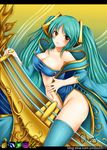  absurdres adapted_costume aqua_hair blush bottomless breasts brown_eyes cheng cleavage etwahl gradient_hair highres instrument large_breasts league_of_legends long_hair multicolored_hair no_panties sona_buvelle thighhighs very_long_hair 