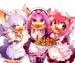  &hearts; amber_eyes amy_rose bat blue_eyes blush breasts cleavage cookie female gloves green_eyes hedgehog hello_kitty looking_at_viewer maid maid_outfit maid_uniform pink plain_background plate roksanath rouge_the_bat sega sonic_(series) tail white_background 