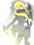  ahoge artoria_pendragon_(all) bad_id bad_pixiv_id black_gloves blonde_hair excalibur fate/zero fate_(series) formal from_behind gloves green_eyes highres pant_suit ponytail rare saber solo suit sword weapon 
