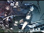  bikini_top black_gold_saw black_hair black_rock_shooter black_rock_shooter_(character) blue_eyes boots burning_eye chain dead_master highres hood horns king_saw long_hair mechanical_arm midriff multiple_girls navel pale_skin ranyun red_eyes scar shorts strength_(black_rock_shooter) sword twintails weapon white_hair wings yellow_eyes 