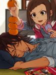  1girl braid brown_eyes brown_hair cellphone denim father_and_daughter food fruit hair_ornament hairclip holding holding_food holding_fruit kaburagi_kaede kaburagi_t_kotetsu magazine one_side_up orange origami_cyclone phone side_ponytail sleeping sleeves_rolled_up tiger_&amp;_bunny tk_(gixsa) vest 