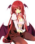  bad_id bad_pixiv_id bat_wings bra breasts cleavage dress_shirt fuuma_(gjmwja) head_wings koakuma large_breasts lingerie long_hair mouth_hold open_clothes open_shirt pantyhose red_eyes red_hair ribbon shirt sitting solo touhou underwear very_long_hair wings 