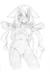  breasts censored dark_skin extra greyscale highres horns k.m.station long_hair mahou_sensei_negima! medium_breasts monochrome navel nipple_tweak nipples nude paio_ii pinky_out solo 