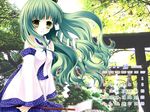  blush calendar_(medium) detached_sleeves frog green_eyes green_hair hair_ornament hair_tubes kochiya_sanae long_hair october rinka_(ri_ko) smile snake solo standing torii touhou tree 