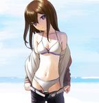  bare_shoulders belt bikini bikini_under_clothes brown_hair head_tilt highres jacket long_hair looking_at_viewer makise_kurisu mocha_(snowflake) navel pants pants_pull pantyhose pantyhose_pull pulled_by_self purple_eyes shirt_pull solo steins;gate swimsuit swimsuit_under_clothes undressing unzipped white_bikini 