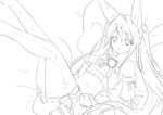  animal_ears bed elin_(tera) garter_straps greyscale legs_up monochrome solo tera_online twintails 