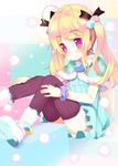  blonde_hair blush boots dress long_hair meito_(maze) original purple_eyes ribbon sitting solo thighhighs twintails 