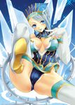  bare_shoulders blue_eyes blue_hair blue_rose_(tiger_&amp;_bunny) boots breasts cleavage earrings elbow_gloves fingernails gloves hasei_agana hat high_heels jewelry karina_lyle labia large_breasts lipstick makeup shoes short_hair solo superhero thigh_boots thighhighs tiger_&amp;_bunny 