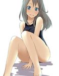  bad_id bad_pixiv_id bare_legs barefoot between_legs blue_eyes grey_hair hand_between_legs long_hair nishiuri_warito one-piece_swimsuit original silver_hair solo swimsuit 