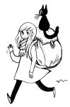  1girl arm_at_side arm_up backpack bag black_cat cat closed_mouth commentary dress english_commentary from_side full_body greyscale heikala highres inktober long_hair long_sleeves looking_at_viewer monochrome original scarf simple_background smile solo walking waving 