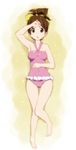  :o ass_visible_through_thighs barefoot breasts brown_eyes brown_hair casual_one-piece_swimsuit covered_navel errant from_above hand_on_forehead hirasawa_ui k-on! looking_at_viewer lying medium_breasts on_back one-piece_swimsuit open_mouth pink_swimsuit ponytail short_hair solo swimsuit thigh_gap 