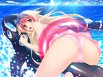  :d ass ass_focus bare_shoulders cloud day from_behind fusataka_shikibu game_cg hairband highres inflatable_toy innertube kotowari looking_back lying multicolored_hair ocean on_stomach open_mouth orca red_eyes rock sky smile solo sunlight swimsuit thighs tsuburaya_minamo two-tone_hair water 