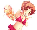  :p bare_shoulders bikini bracelet breasts brown_eyes brown_hair cleavage collarbone copyright_request food giving hair_up ice_cream ice_cream_cone jewelry licking looking_at_viewer medium_breasts navel polka_dot polka_dot_bikini polka_dot_swimsuit ponytail simple_background solo swimsuit tongue tongue_out v yuunagi_seshina 